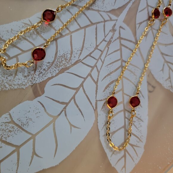 Gold Red Necklace, Ladybug Like Ruby Red Crystals, Lightweight Gold Tone - Picture 4 of 7